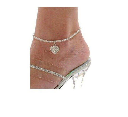 SILVER Anklet HEART slave chain barefoof Sandal Boho Jewellery Beach Jewellery