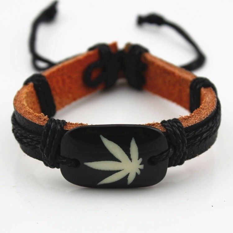 All Black Surfers Wristband Bracelet Marijuana Weed Leaf Hemp Tribal Rasta BOYS