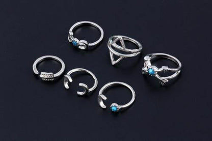 6Pcs Set Women Boho Vintage Beach Turquoise Arrow Moon Midi Rings Hippie Retro