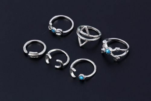 6Pcs Set Women Boho Vintage Beach Turquoise Arrow Moon Midi Rings Hippie Retro