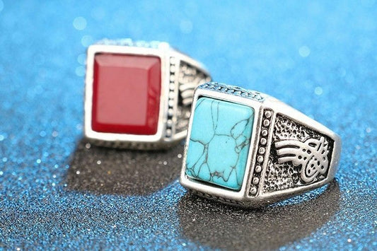NEW Tribal Surfer Gents Red Blue Turquoise Silver Mens Ring Boys Mans Gift UK