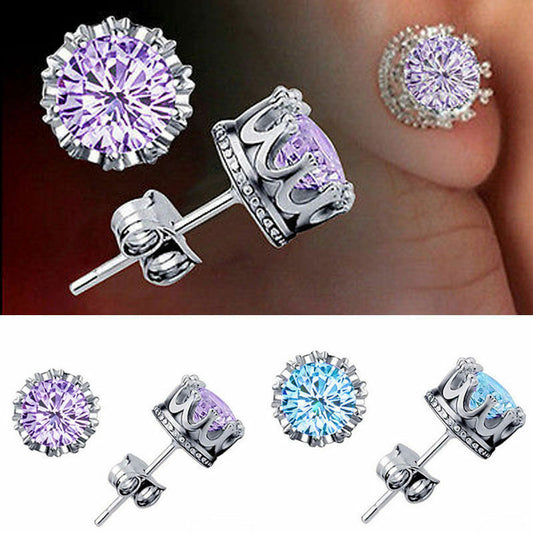 Chic New Retro Classical Silver Crystal Crown Ear Stud Earrings Jewellery Gift