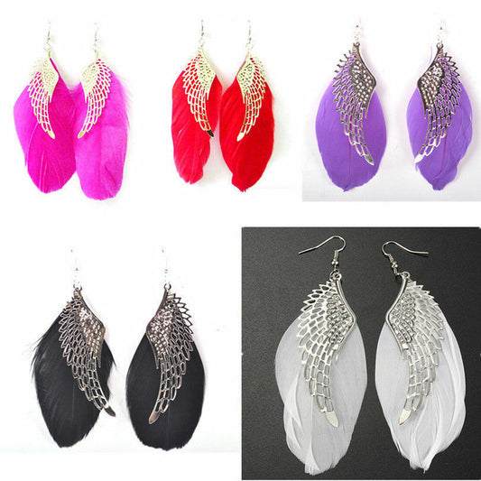 Women Feather & Hippy white Boho Earrings Silver Wing Seller Dangle Angel UK