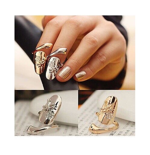 DRAGON FLY DIAMANTE NAIL ART CLAW FINGER TIP RING EMO SILVER GOLD UK NEW