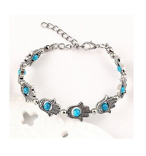Women's Silver turquoise Hamsa Fatima Charm Hand Beads Bangle Chain Bracelet UK