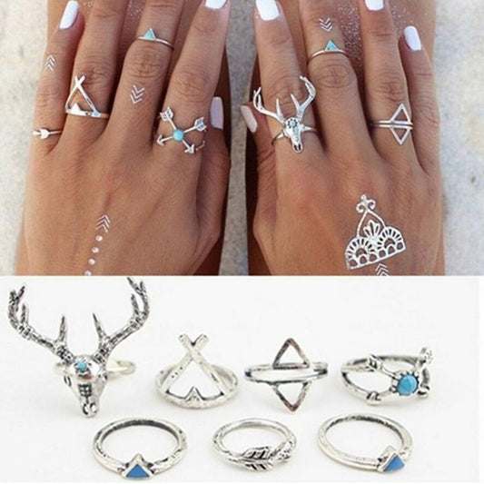 7pcs Silver Ring Set Blue Turquoise Arrows Antlers Women Retro Stack Knuckle UK