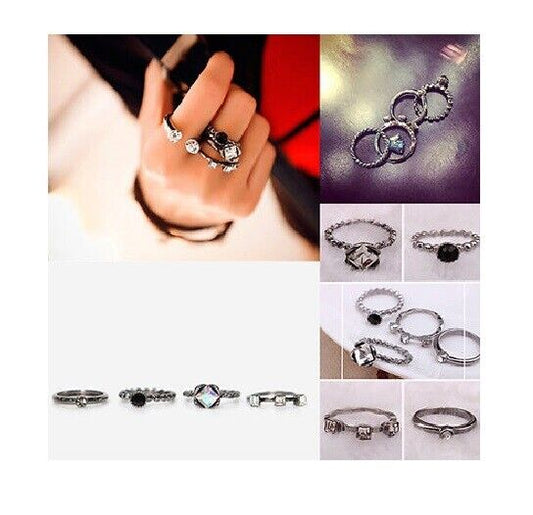 4pcs Ring Set GunMetal Black Rhinestone Gem Womens Midi Finger Tip Stack Rings