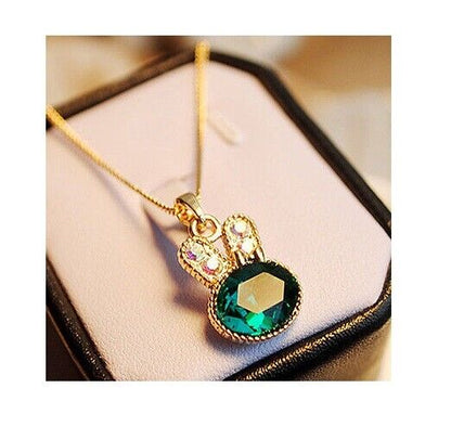 Gold Rabbit Bunny Ear Animal Charm Pendant Necklace Green Gemstone Birthday Gift