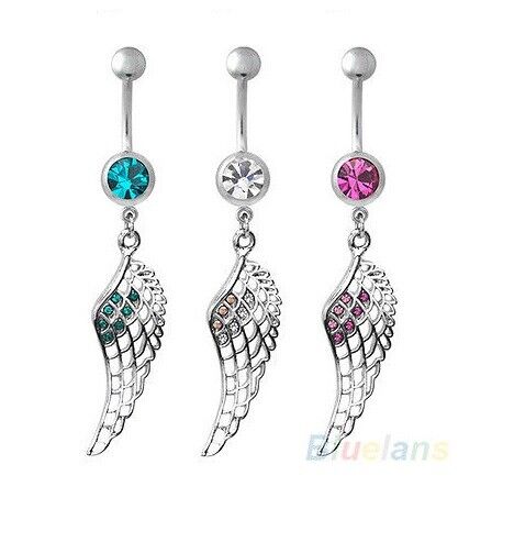 FEATHER LEAF ANGEL WING Belly Bar Button Ring Piercing Crystal Rhinestone Navel