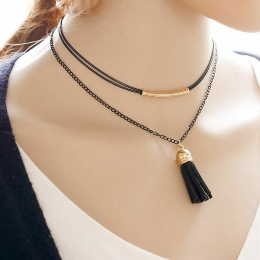 Womens Black Choker Multi Layer CHARM POM POM Long Necklace Body Jewellery UK