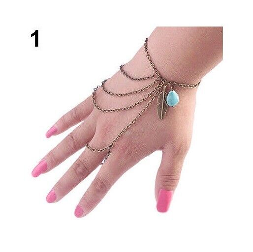 Womens Diamante Slave Chain Finger Ring Bangle Hand Harness Bracelet Beach Boho