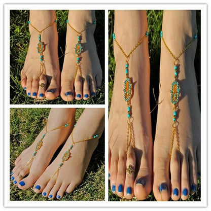 Lucky Gold Hamsa Hand Bead Summer Boho Anklet Ankle Toe Bracelet Women Buddha