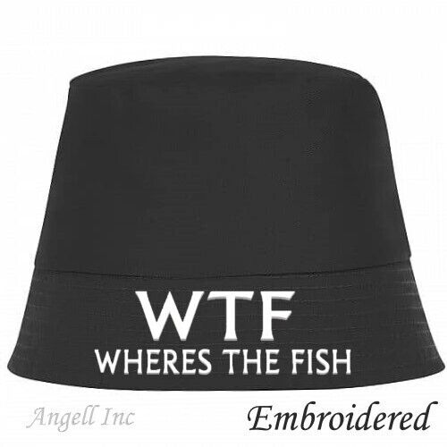 Fishing Gifts mens WTF Wheres the Fish Funny BUCKET HAT Carp Joke Angling Dad