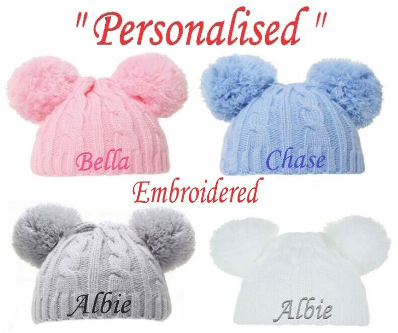 PERSONALISED BABY POM POM HAT KNITTED WINTER WHITE PINK BLUE GREY GIFT NEWBORN-6