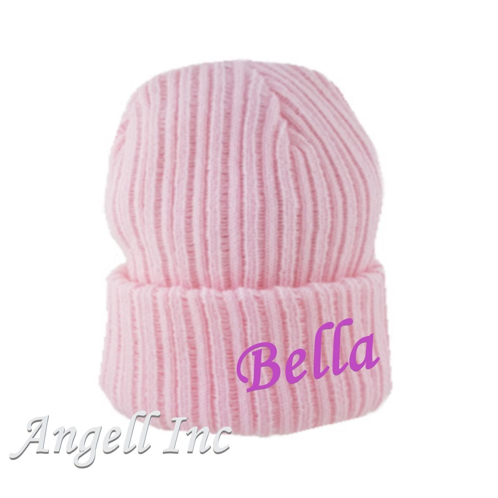 PERSONALISED BABY HAT POM POM  KNITTED WINTER WHITE PINK BLUE GIFT newborn 0-12m