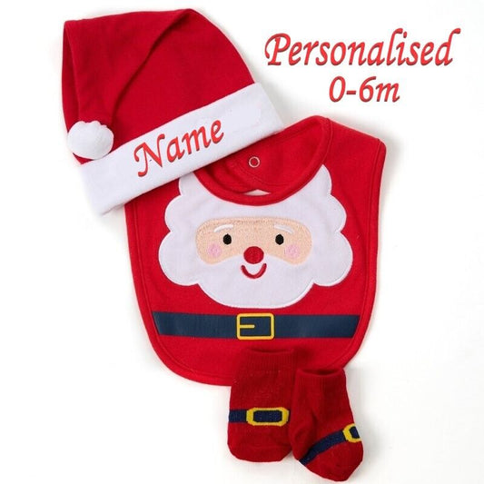 Personalised Name Baby Santa Hat Bib 3pc Gift Set Christmas Newborn 0-6 months