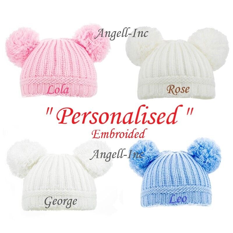 PERSONALISED BABY POM POM HAT KNITTED WINTER WHITE PINK BLUE GREY GIFT NEWBORN-6