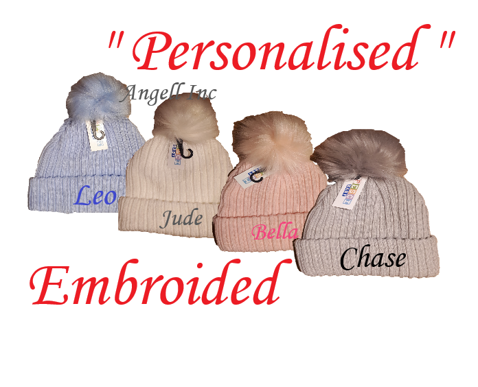 PERSONALISED BABY FUR pom pom HAT KNITTED WINTER WHITE PINK BLUE GREY 6-18months