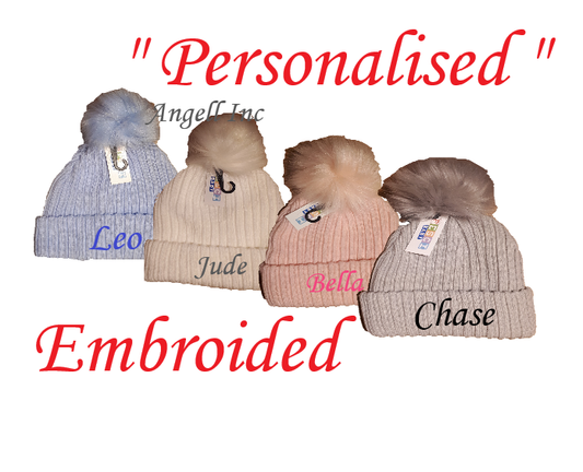 PERSONALISED BABY FUR pom pom HAT KNITTED WINTER WHITE PINK BLUE GREY 6-18months