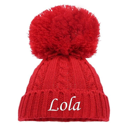 PERSONALISED BABY SINGLE POM POM HAT KNITTED WINTER WHITE PINK BLUE GREY NEWBORN