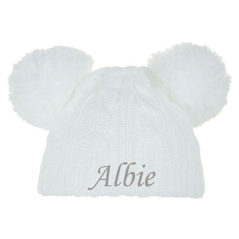 PERSONALISED BABY POM POM HAT KNITTED WINTER WHITE PINK BLUE GREY GIFT NEWBORN-6