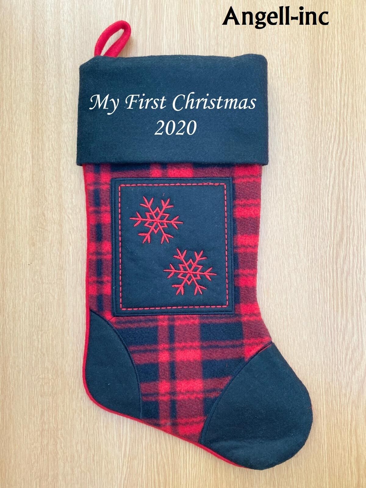 BLACK Tartan SNOWFLAKE Personalised Embroidered Christmas Stocking Sack xmas uk