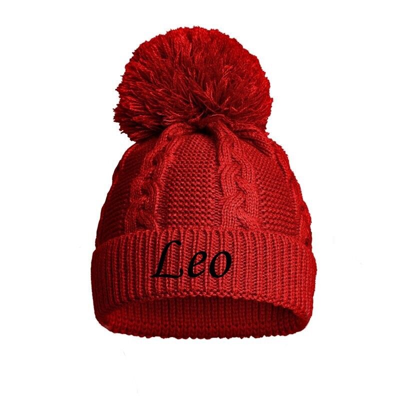 PERSONALISED BABY SINGLE POM POM HAT KNITTED WINTER WHITE PINK BLUE GREY  12-24M