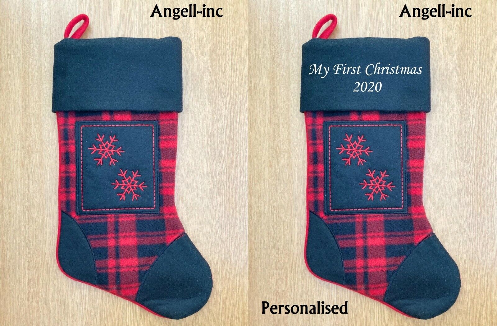 BLACK Tartan SNOWFLAKE Personalised Embroidered Christmas Stocking Sack xmas uk