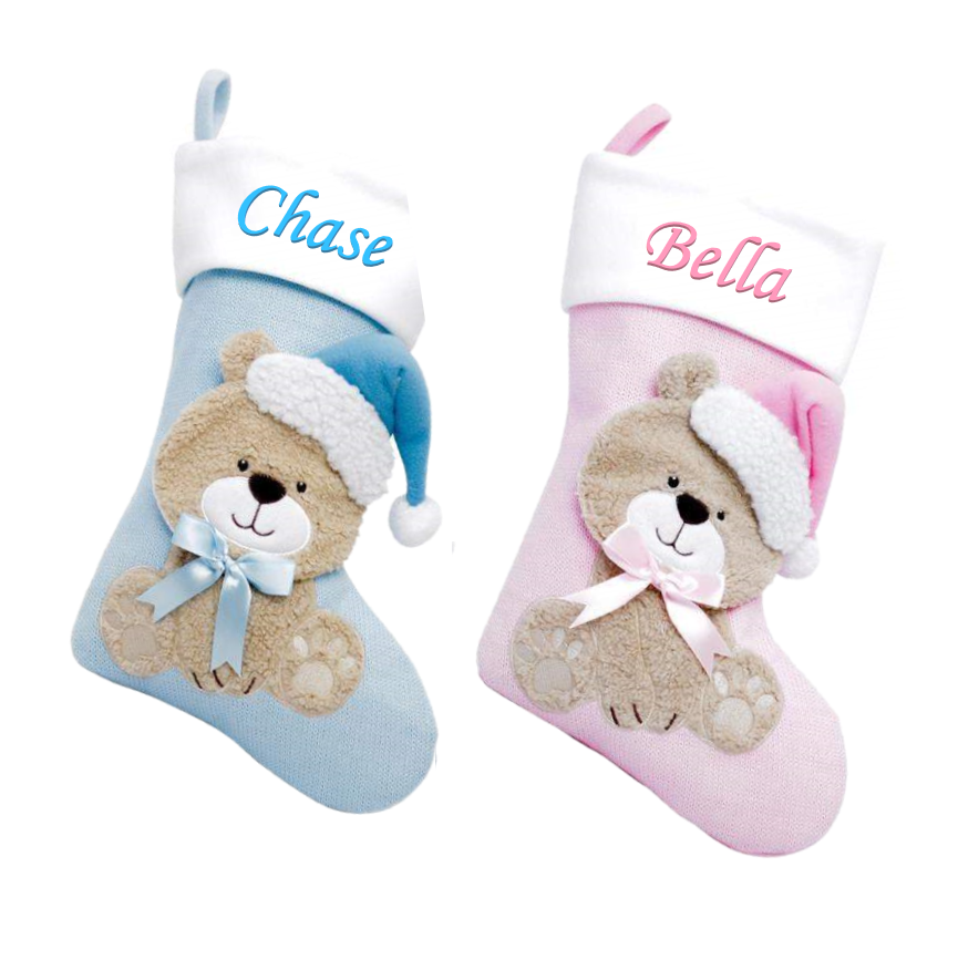 Personalised TEDDY Christmas BABY Stocking PINK BLUE EMBROIDERD XMAS Eve SACK UK