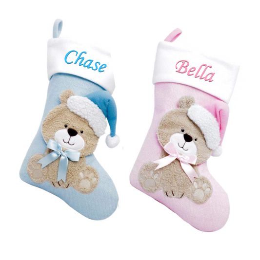 Personalised TEDDY Christmas BABY Stocking PINK BLUE EMBROIDERD XMAS Eve SACK UK