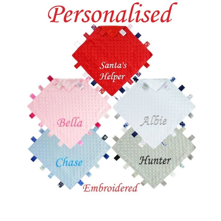 PERSONALISED BABY TAGGIE TAGGY COMFORTER BLANKET FLEECE SOFT SATIN BOY GIRL 