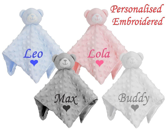Personalised Name Baby Comforter Heart Blanket Security Teddy Bear gift Babies