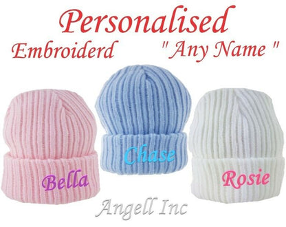 PERSONALISED BABY HAT POM POM  KNITTED WINTER WHITE PINK BLUE GIFT newborn 0-12m