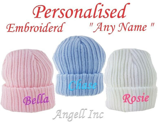 PERSONALISED BABY HAT POM POM  KNITTED WINTER WHITE PINK BLUE GIFT newborn 0-12m
