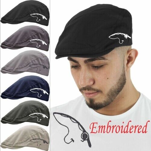 Mens FISHING ROD FLAT CAP CARP PIKE FLY REEL Fathers Day Dads Gift Gatsby Hat