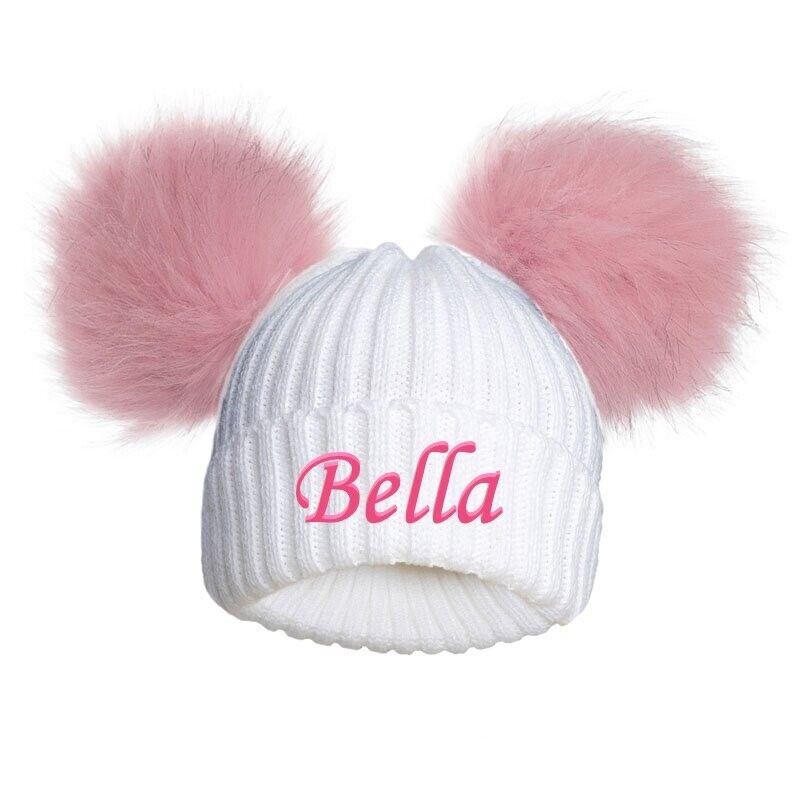 PERSONALISED BABY FUR POM POM HAT KNITTED WINTER WHITE PINK BLUE GREY GIFT 0-12m