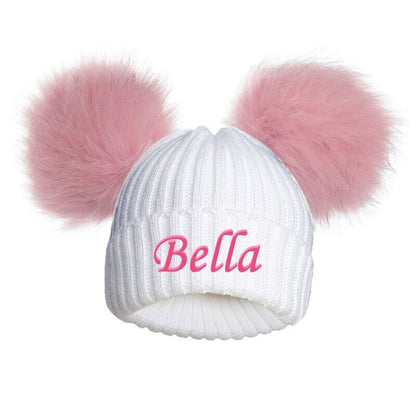 PERSONALISED BABY FUR POM POM HAT KNITTED WINTER WHITE PINK BLUE GREY GIFT 0-12m