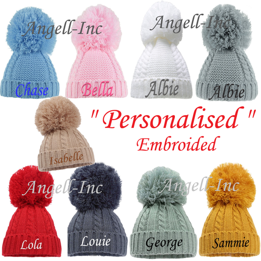 PERSONALISED BABY SINGLE POM POM HAT KNITTED WINTER WHITE PINK BLUE GREY NEWBORN