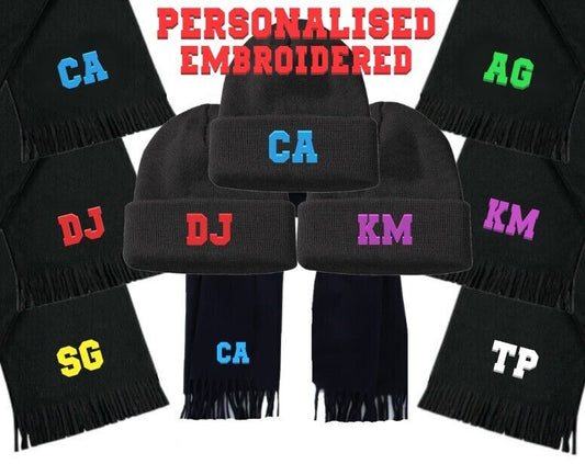 2pc Set PERSONALISED Name Beanie Hat + Scarf Neck Warmer Scalve Tube Fleece Gift