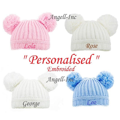 PERSONALISED BABY POM POM HAT KNITTED WINTER WHITE PINK BLUE GREY GIFT NEWBORN-6