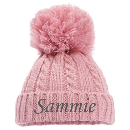 PERSONALISED BABY SINGLE POM POM HAT KNITTED WINTER WHITE PINK BLUE GREY NEWBORN