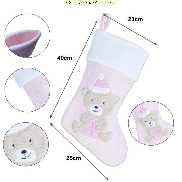 Personalised TEDDY Christmas BABY Stocking PINK BLUE EMBROIDERD XMAS Eve SACK UK