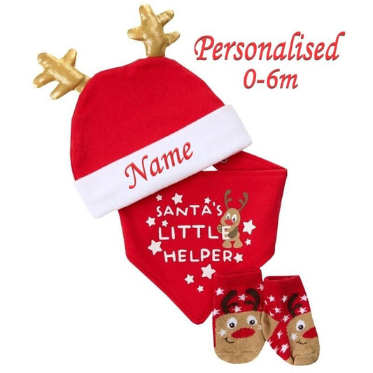 Personalised Name Baby Santa Reindeer Hat Bib 3pc Gift Set Christmas 0-6 months