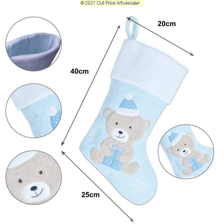 Personalised TEDDY Christmas BABY Stocking PINK BLUE EMBROIDERD XMAS Eve SACK UK