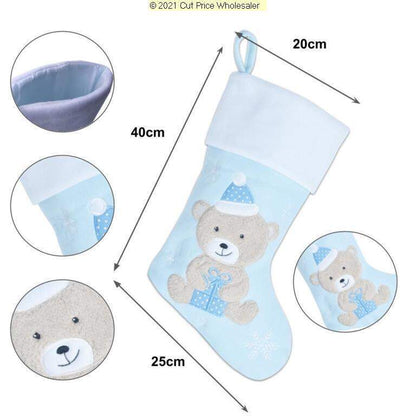 Personalised TEDDY Christmas BABY Stocking PINK BLUE EMBROIDERD XMAS Eve SACK UK