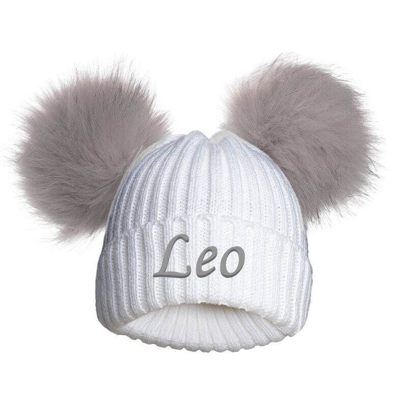 PERSONALISED BABY FUR POM POM HAT KNITTED WINTER WHITE PINK BLUE GREY GIFT 0-12m
