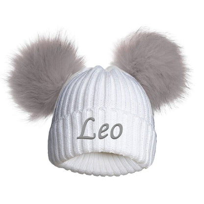PERSONALISED BABY FUR POM POM HAT KNITTED WINTER WHITE PINK BLUE GREY GIFT 0-12m