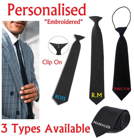 PERSONALISED Name TIE Boss Ceo Company Manager Staff Business Work Black Clip On