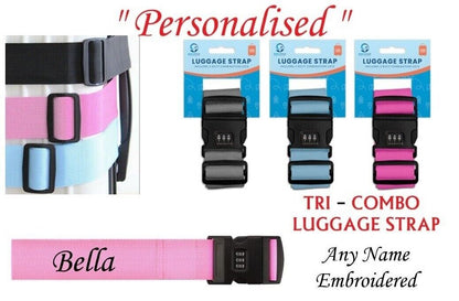 Personalised TRI COMBO Luggage Strap Suitcase Embroidered Safe Travel safe BELT