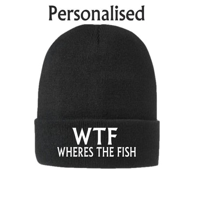 Fishing Gifts mens WTF Wheres the Fish Funny Beanie Hat Rude Joke Angling Dad